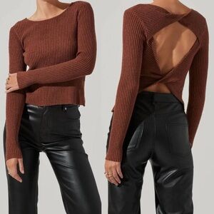 NWOT ASTR Lynette Brown Ribbed Open Twist Back Long Sleeve Sweater Top M